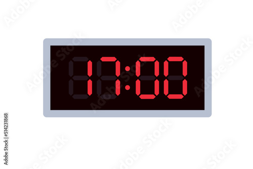 Vector flat illustration of a digital clock displaying 17.00 . Illustration of alarm with digital number design. Clock icon for hour, watch, alarm signs