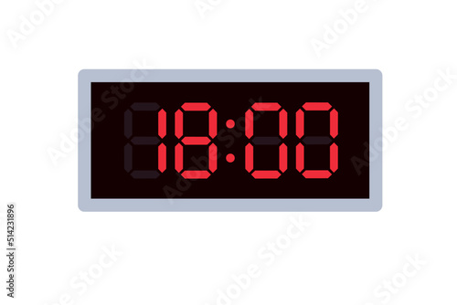Vector flat illustration of a digital clock displaying 18.00 . Illustration of alarm with digital number design. Clock icon for hour, watch, alarm signs