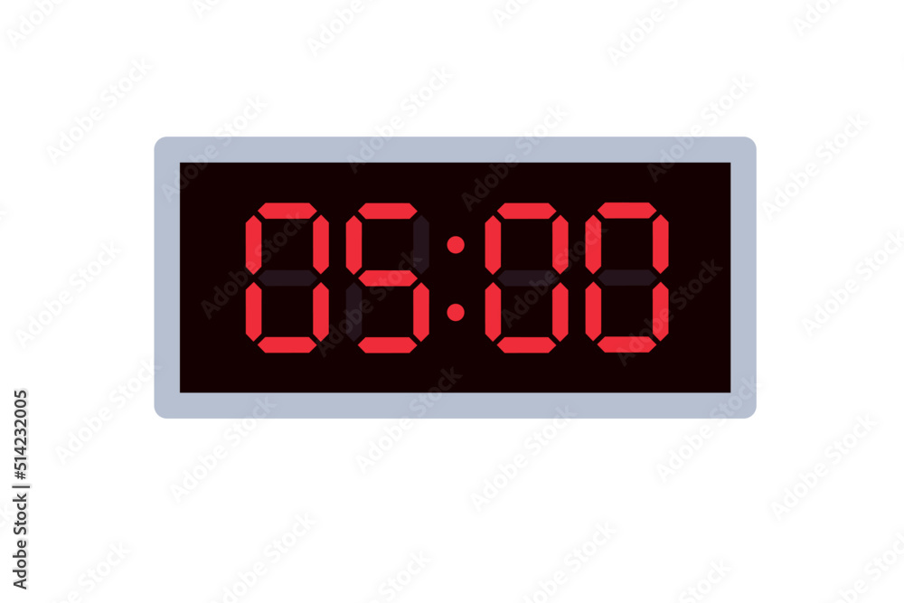 Vector flat illustration of a digital clock displaying 05.00 . Illustration of alarm with digital number design. Clock icon for hour, watch, alarm signs Vector flat illustration of a digital clock displaying 05.00 . Illustration of alarm with digital number design. Clock icon for hour, watch, alarm signs