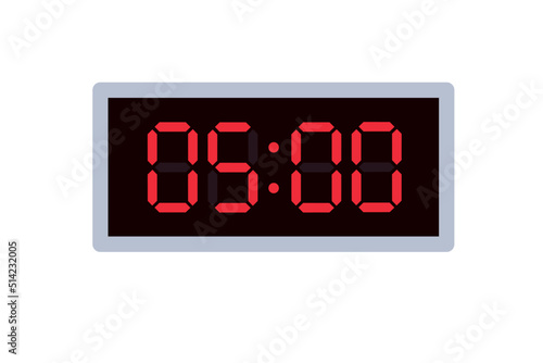 Vector flat illustration of a digital clock displaying 05.00 . Illustration of alarm with digital number design. Clock icon for hour, watch, alarm signs