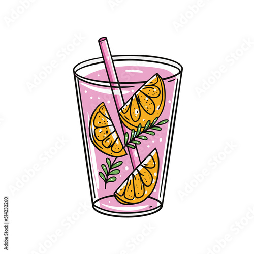 Pink drink with lemon slice. Hand drawn colorful cartoon style vector illustration.