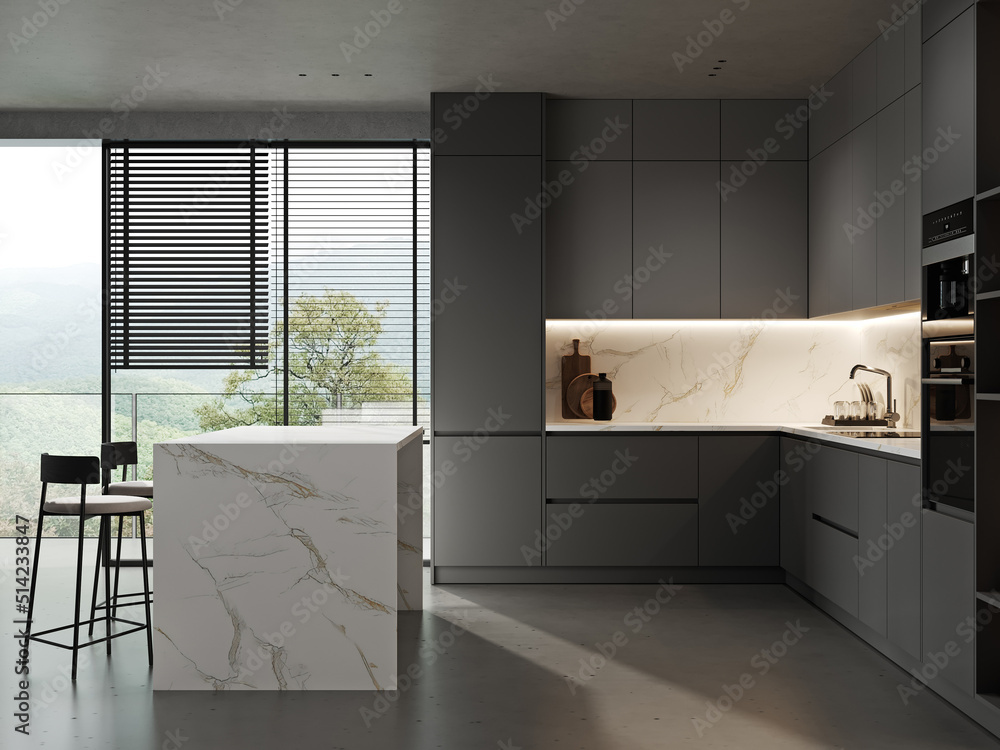 Modern dark kitchen and dining room interior with furniture and