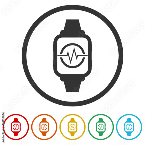 Online fitness activity tracker icons in color circle buttons