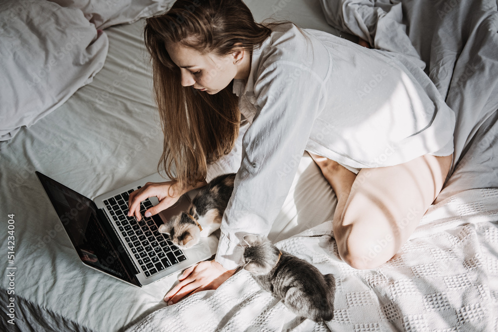 Work from home, remote online work, home office. Woman working on laptop in bed and playing with cute kitten Work from home, remote online work, home office. Woman working on laptop in bed and playing with cute kitten