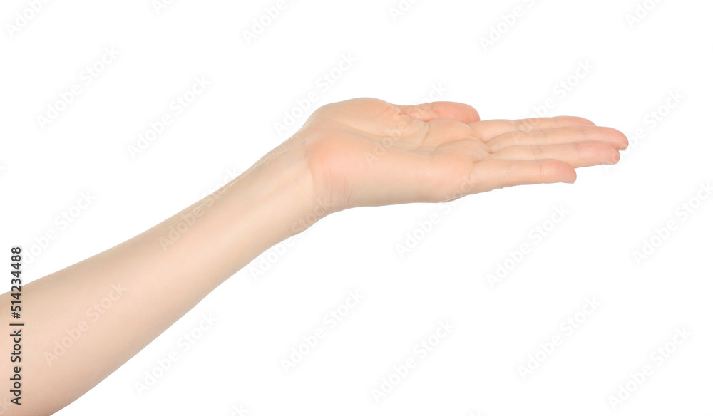 Woman hand shows virtual holding something, on white background Woman hand shows virtual holding something, on white background