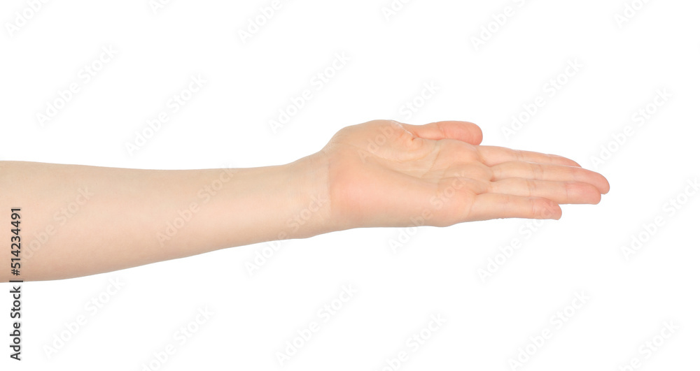 Woman hand shows virtual holding something, on white background Woman hand shows virtual holding something, on white background