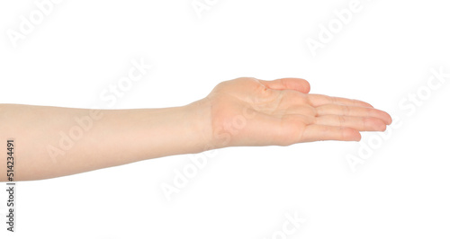 Woman hand shows virtual holding something, on white background