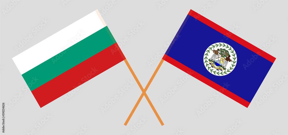 Crossed flags of Bulgaria and Belize. Official colors. Correct proportion
