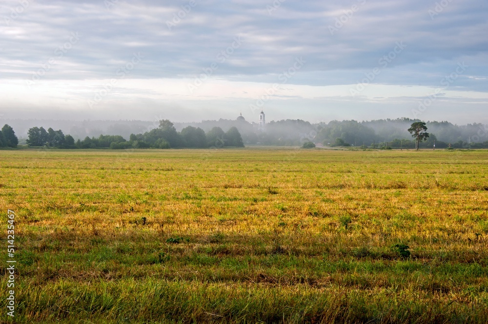 Landscape with a field and a church on the horizon in the morning haze