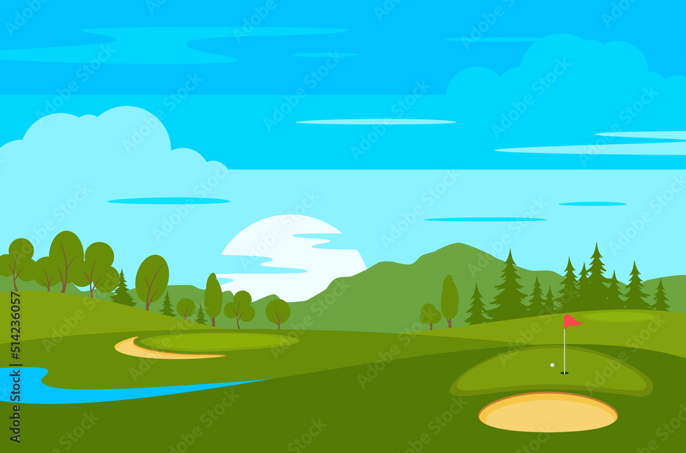 Golf course with flags, sand bunker and greens.