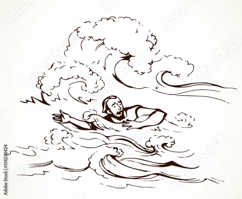 Man swims through the waves of the storm. Vector drawing