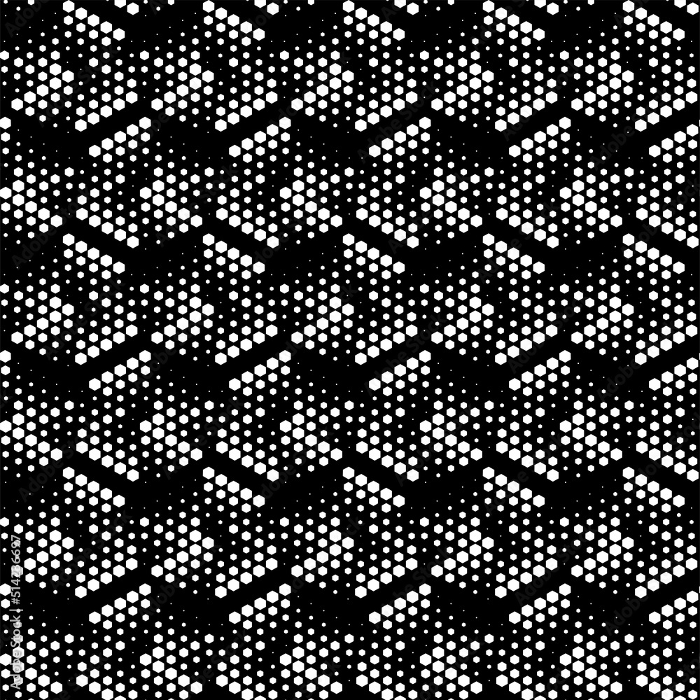Vector illustration. Hexagon texture. Black and white geometric seamless pattern. Mosaic abstract background. Hexagonal repeating geometric polygon texture.