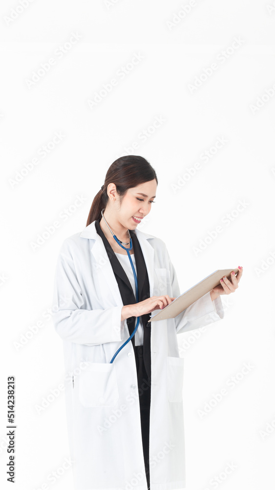 Portrait confident Asian woman doctor and her hand is holding the file and she looking it shoot medium shot isolated on white background. Portrait confident Asian woman doctor and her hand is holding the file and she looking it shoot medium shot isolated on white background.
