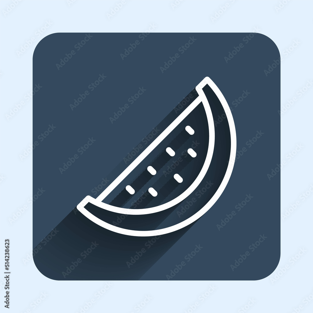 White line Watermelon icon isolated with long shadow background. Blue square button. Vector White line Watermelon icon isolated with long shadow background. Blue square button. Vector