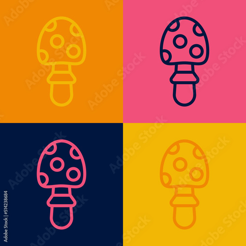 Pop art line Amanita muscaria or fly agaric hallucinogenic toadstool mushroom icon isolated on color background. Spotted poisonous mushroom. Vector