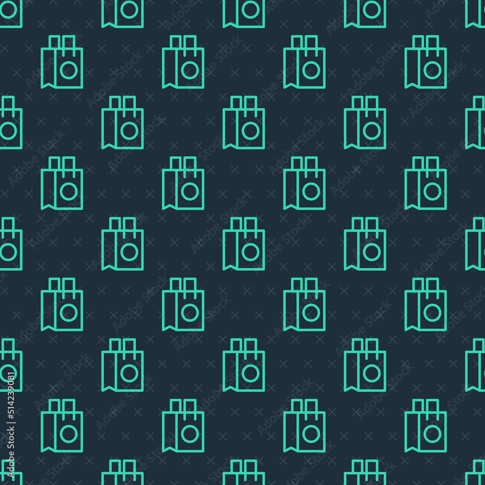 Green line Paper shopping bag icon isolated seamless pattern on blue background. Package sign. Vector Green line Paper shopping bag icon isolated seamless pattern on blue background. Package sign. Vector