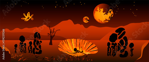 
The inhabitants of other worlds under the light of two moons perform a rite of rebirth in a magic shell