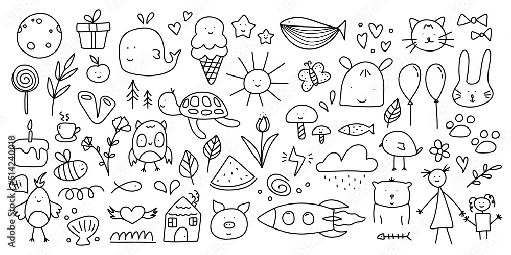 Hand drawn doodle set for kids. Funny childish line elements pencil drawing for decoration, wrapping paper. Vector art