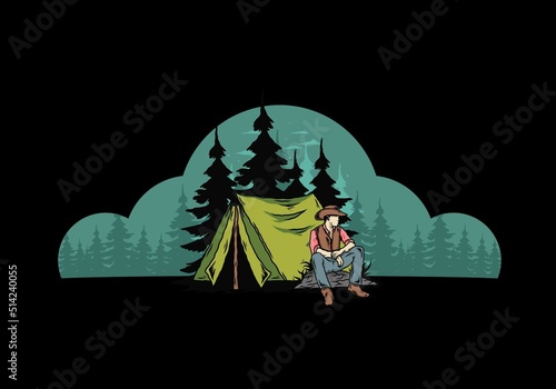 Man wearing a cowboy hat sitting in front of the tent illustration