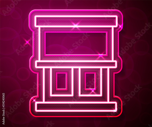 Glowing neon line Window with curtains in the room icon isolated on red background. Vector