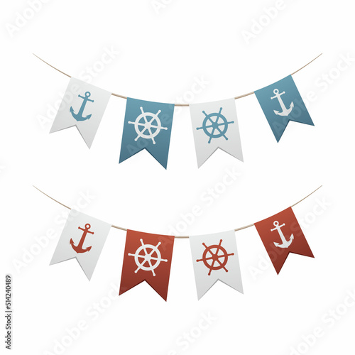 Nautical themed party flags. Blue and red with ship's steering wheel and anchor. Decoration for holiday, birthday, invitation, poster, flyer