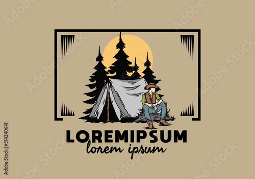 Man wearing a cowboy hat sitting in front of the tent illustration