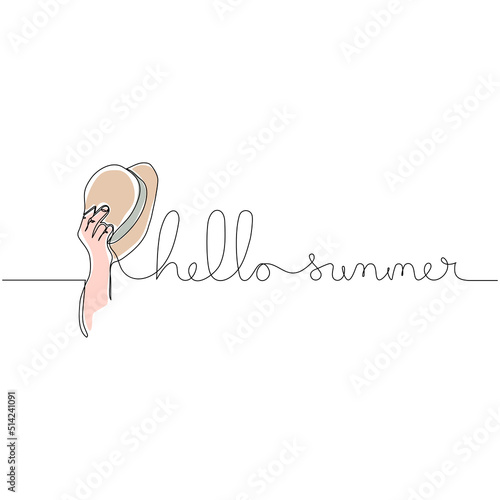 Hello Summer handwritten message with hand holding brown hat in continuous one line drawing. Summer concept.