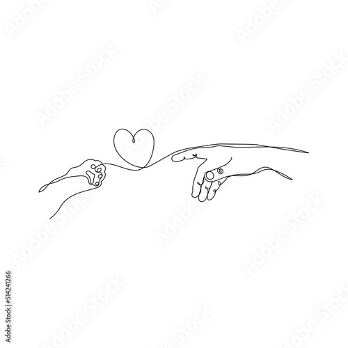 Person's hand receives a symbol of love from cat paw. Continuous one line drawing. Cat love concept.