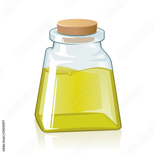 Glass bottle, vial closed by cap, cork. Jar with perfume, cologne water, oil, liquid natural remedy for treatment, massage, cosmetic procedures, cooking. Vector mockup, template on white