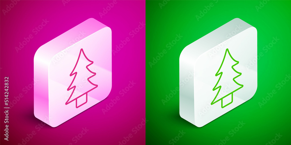 Isometric line Tree icon isolated on pink and green background. Forest symbol. Silver square button. Vector