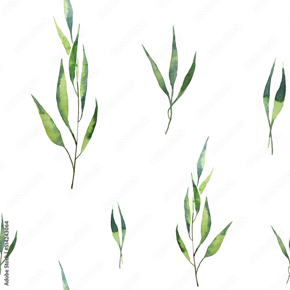 Naklejka premium Seamless watercolor illustration of green leaves and branches, circles, on white or black background, suitable for wallpaper, cards, clothing, textiles, fabric, packaging, clothing, dress, invitations