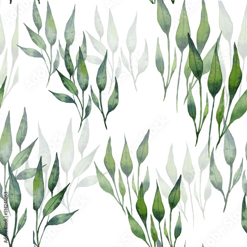 Fototapeta Naklejka Na Ścianę i Meble -  Seamless watercolor illustration of green leaves and branches, circles, on white or black background, suitable for wallpaper, cards, clothing, textiles, fabric, packaging, clothing, dress, invitations