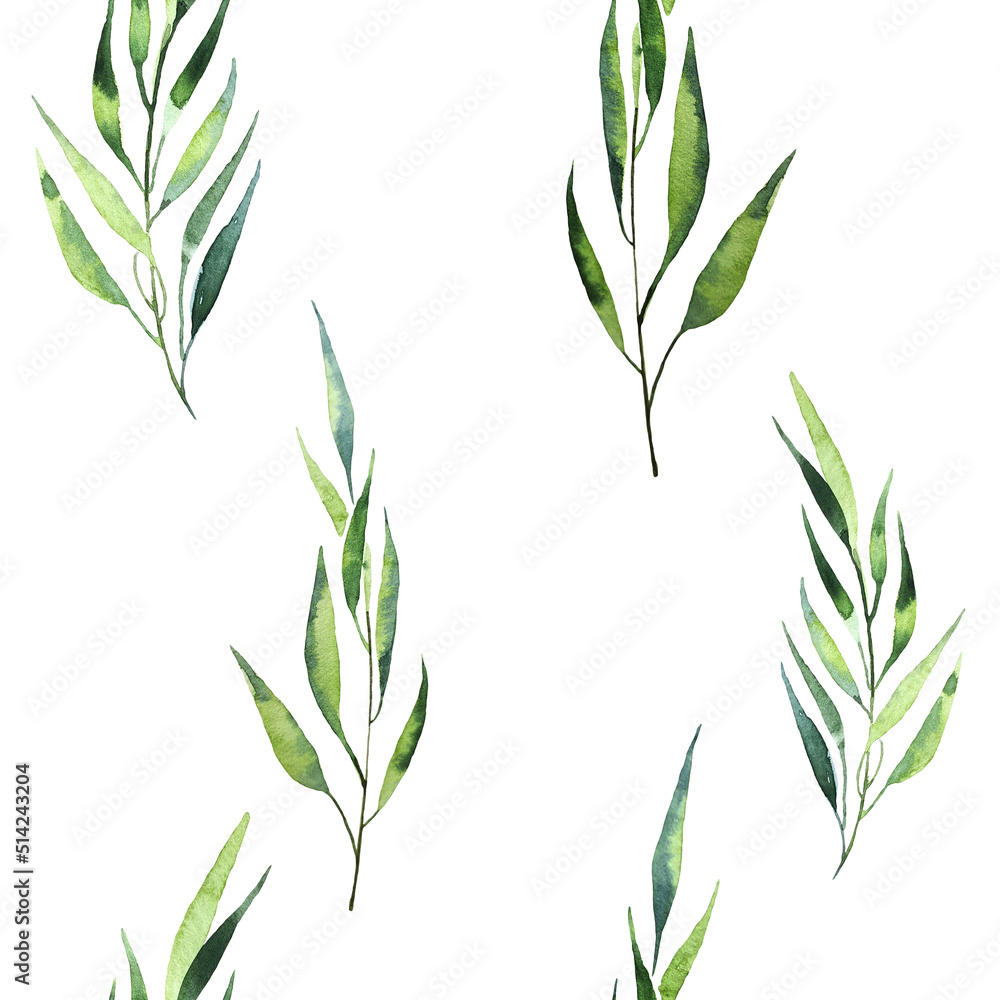 Fototapeta premium Seamless watercolor illustration of green leaves and branches, circles, on white or black background, suitable for wallpaper, cards, clothing, textiles, fabric, packaging, clothing, dress, invitations