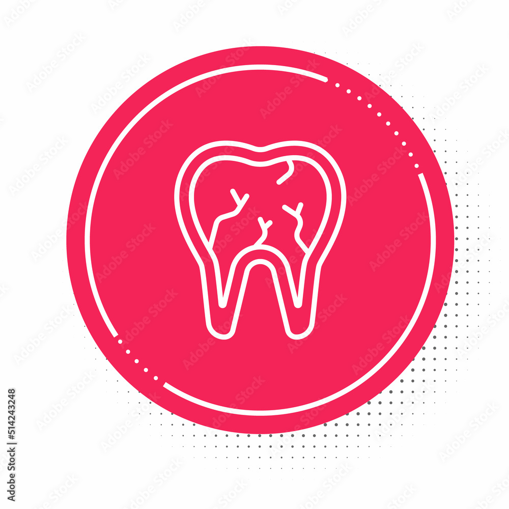 White line Broken tooth icon isolated on white background. Dental problem icon. Dental care symbol. Red circle button. Vector White line Broken tooth icon isolated on white background. Dental problem icon. Dental care symbol. Red circle button. Vector