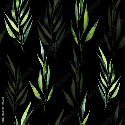 Fototapeta Naklejka Na Ścianę i Meble -  Seamless watercolor illustration of green leaves and branches, circles, on white or black background, suitable for wallpaper, cards, clothing, textiles, fabric, packaging, clothing, dress, invitations