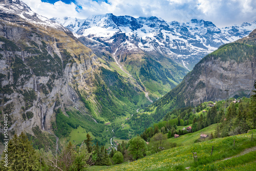 Landscape of  Lauterbrunnen valley  in Swiss Alps, Switzerland.  Hiking trail from Murren to Gimmelwald. © borisbelenky