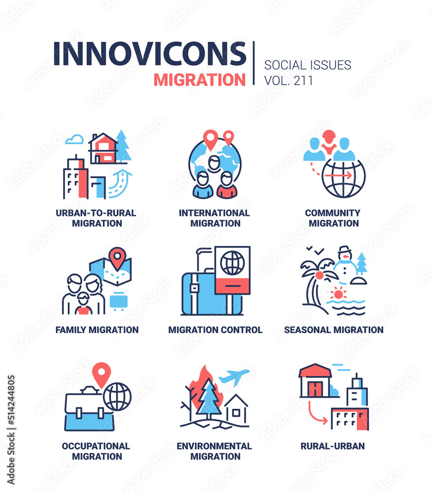 Migration and social issues - modern line design style icons set Migration and social issues - modern line design style icons set