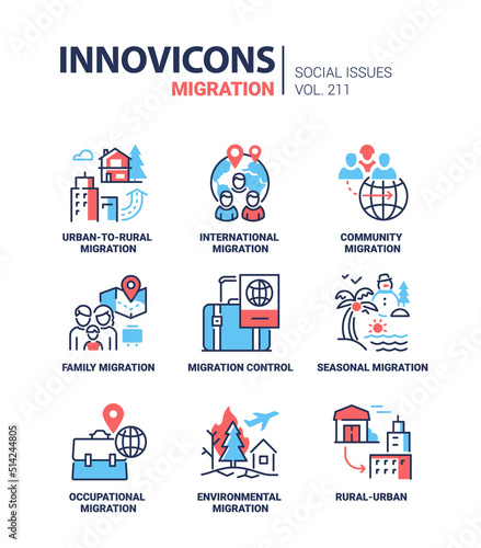 Migration and social issues - modern line design style icons set