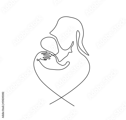 Mother holding her baby shaped love single continuous line art. Hand drawn minimalism style.