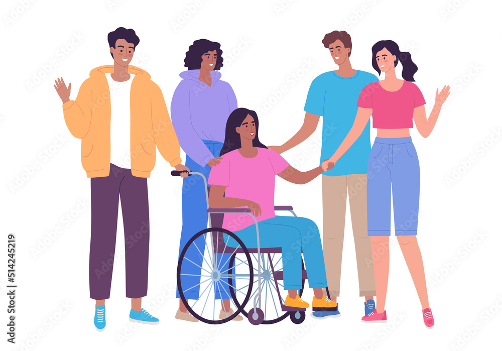Friends support a girl with disabilities who is sitting in a wheelchair. Support and motivation Friends support a girl with disabilities who is sitting in a wheelchair. Support and motivation