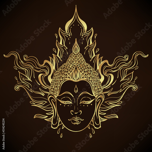 Buddha face over ornate traditional Thai pattern. Esoteric vintage vector illustration. Indian, Buddhism, spiritual art. Hippie tattoo, spirituality, Thailand god, yoga zen Coloring book for adults.