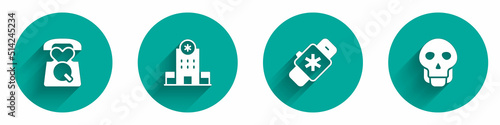Set Emergency call 911, Hospital building, Smart watch with heart and Skull icon with long shadow. Vector