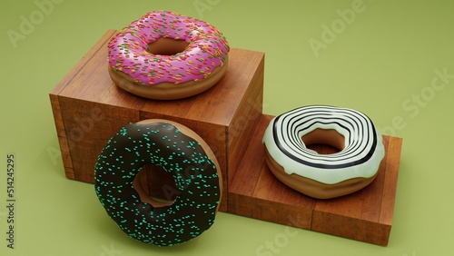 3d Donut set in wood stage plate, -3D renderring photo