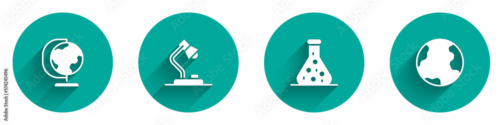 Set Earth globe, Table lamp, Test tube and icon with long shadow. Vector Set Earth globe, Table lamp, Test tube and icon with long shadow. Vector