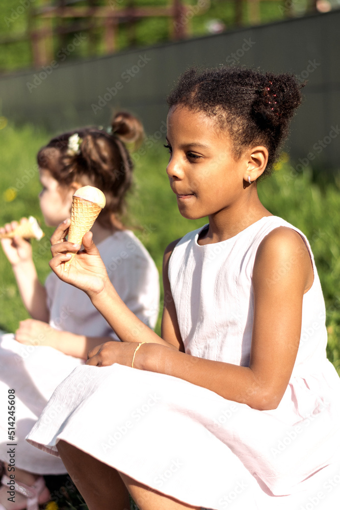 Happy caucasian and African-American girls in a summer dresses eating ice cream in the park on a summer day.Summer,diversity concept. Happy caucasian and African-American girls in a summer dresses eating ice cream in the park on a summer day.Summer,diversity concept.