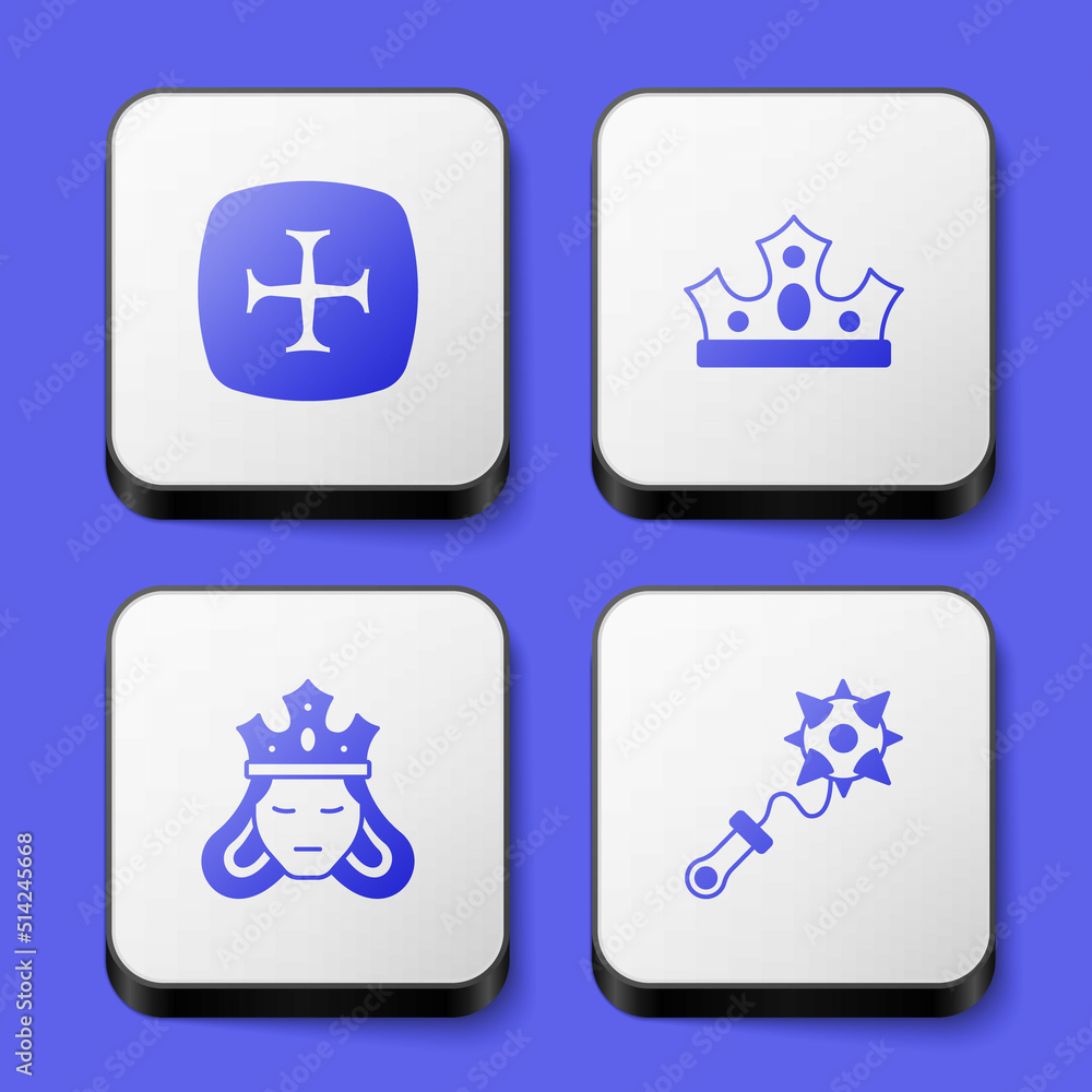 Set Crusade, King crown, Princess or queen and Mace with spikes icon. White square button. Vector Set Crusade, King crown, Princess or queen and Mace with spikes icon. White square button. Vector