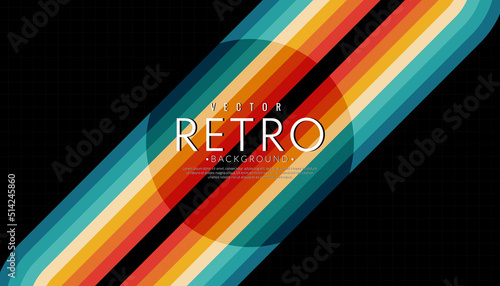 Abstract retro line background. Vintage 70s stripe colorful rainbow. Vector illustration. 1970s color wallpaper.