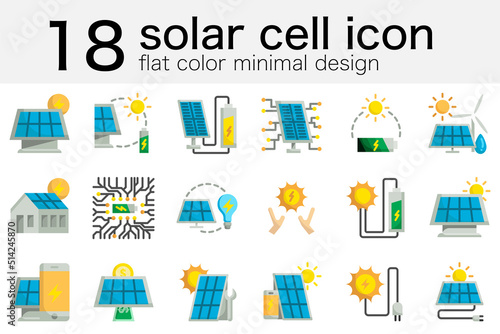 set of solar cell panel produce green energy electricity to battery from sun circle photovoltaic icon in minimal flat color design