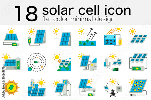 set of solar cell panel produce green energy electricity to battery from sun circle photovoltaic icon in minimal flat color design