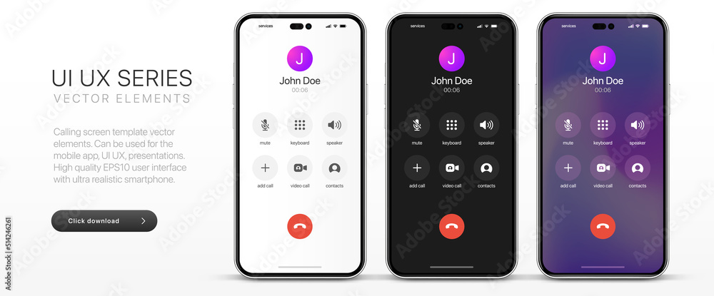 Voice call screen. Mockup incoming call, voicemail screen, smartphone interface vector UI UX template for application. New Call screen template. Mobile app display template. Vector illustration. - obrazy, fototapety, plakaty 
